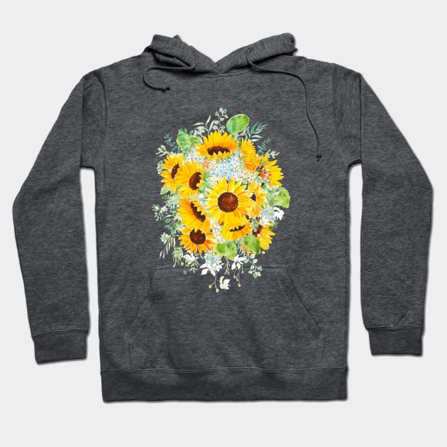 yellow sunflower blue hydrangea white orchid arrangement ink and watercolor Hoodie by colorandcolor